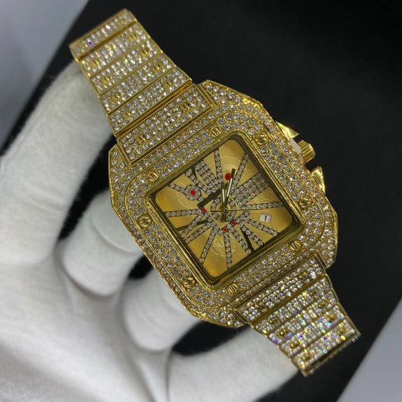 Luxury Square 18K Gold Plated Men's Bling Hip Hop Iced Out Watch - Picture 1 of 6